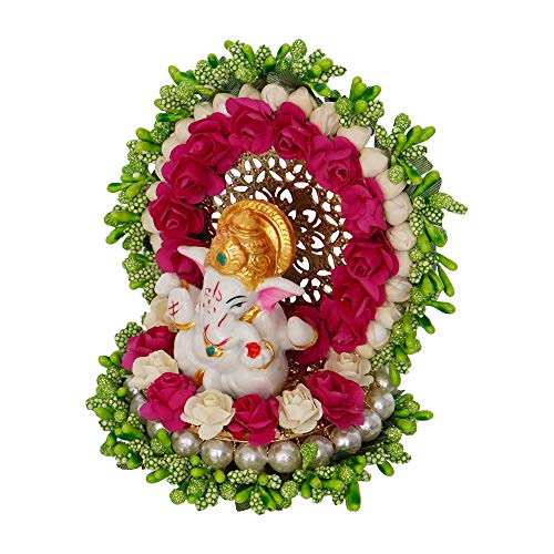 eCraftIndia Polyresin Lord Ganesha Idol on Handcrafted Green Floral Plate, God Idol for Car Dashboard, Home, Office Decor