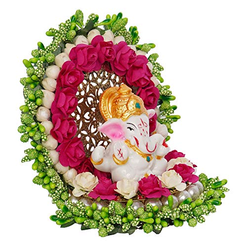 eCraftIndia Polyresin Lord Ganesha Idol on Handcrafted Green Floral Plate, God Idol for Car Dashboard, Home, Office Decor