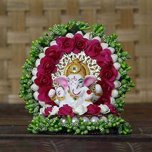 eCraftIndia Polyresin Lord Ganesha Idol on Handcrafted Green Floral Plate, God Idol for Car Dashboard, Home, Office Decor