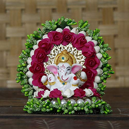 eCraftIndia Polyresin Lord Ganesha Idol on Handcrafted Green Floral Plate, God Idol for Car Dashboard, Home, Office Decor