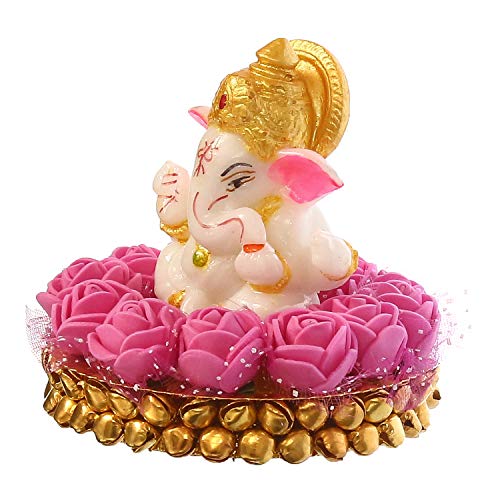 eCraftIndia Lord Ganesha Idol on Decorative Handcrafted Plate with Pink Flowers