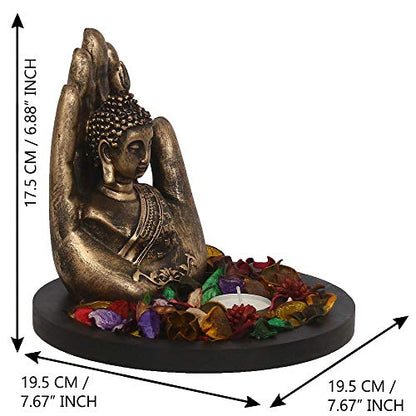 eCraftIndia Copper Finish Handcrafted Palm Buddha Decorative Showpiece with Wooden Base, Fragranced Petals and Tealight