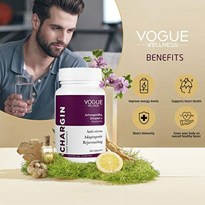 Vogue Wellness - Ashwagandha & Shilajit Capsules | Support in Reduce Stress & Boost Energy For Men |ments | Purest Ashwagandha & Shilajit -60 Capsules