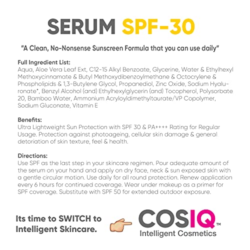 Cos-IQ Daily Use Sunscreen Serum SPF 30 PA++++ Broad Spectrum, 100ml, UVA, UVB and IR Protection, Zee Cast, Ultra Light Weight, Skin Safe, Dewy Finish