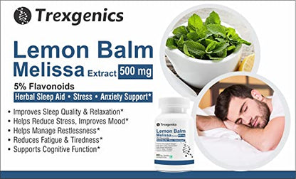 Trexgenics Lemon Balm 5% Flavonoids 500 mg Sleep, Relaxation, Mood Support Vegan & Non-Gmo (60 Veg. Capsules)