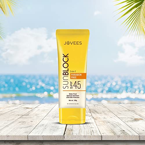 Jovees Herbal Ajneer & Carrot Sun Block Sunscreen SPF 45, 100g | Water Proof - UVA & UVB Protection  Normal to Dry Skin Types | Paraben & Alcohol Free