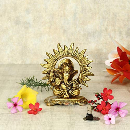 Handicrafts Paradise Aluminium Metal Small Ganesha Statue Sitting Idol Sculpture for Good Luck Success (4 Inches, Gold)