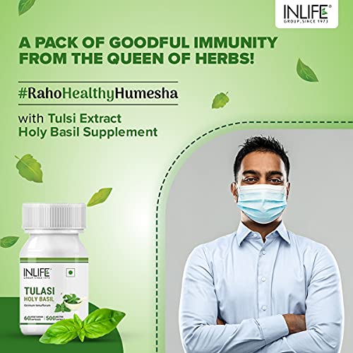INLIFE Tulsi (Tulasi) Extract Holy Basil Supplement Natural Immunity Booster & Respiratory Wellness for adults, 500mg – 60 Veg Caps
