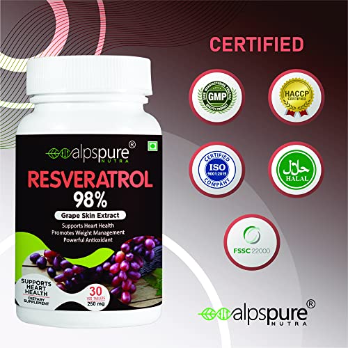 Alpspure Nutra Resveratrol 98% (Grape Skin Extract), 30 Tablets |Supports Heart Health and Weight Ma Anti-ageing & Anti-inflammatory | For Men & Women