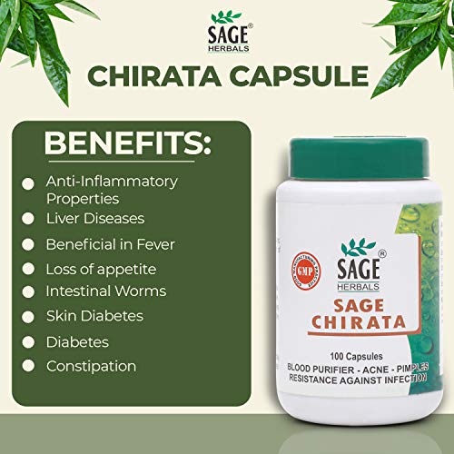 Sage Herbals Chirata for Blood Purification and Helps to Remove Pimples and Acne, 100 Capsules