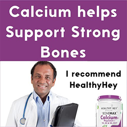 HealthyHey Nutrition Vegan Calcium with Magnesium, Vitamin D3 & Vitamin K2- Mk7 - BoneMax - Bone Health Complex - 540mg - 120 Vegetable Capsules