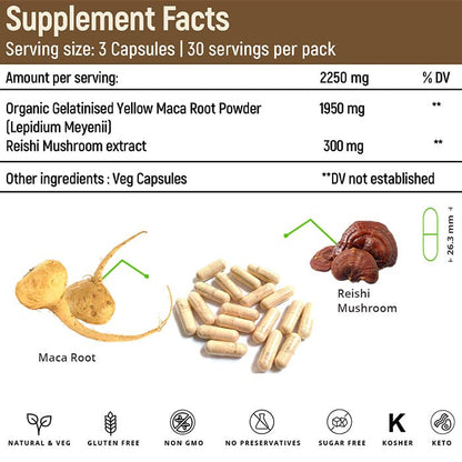 Rooted Actives Maca Root powder with Reishi Mushroom extract (90 Veg Caps, 750 mg) -Stamina, VirilitImported from Peru, Certified Organic, Gelatinised