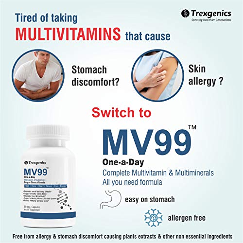 Trexgenics MV99 Multivitamin One-a-day Easy On Stomach with Multiminerals & Micronutrients for Men & Women (60 Veg Capsules)