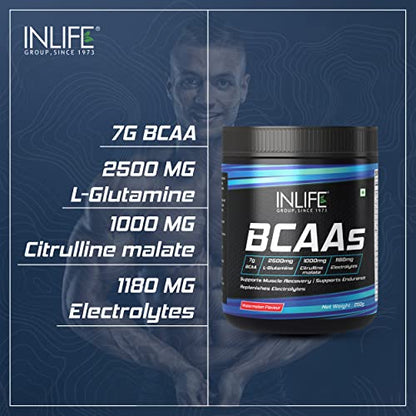 INLIFE BCAA Supplement 7g Amino Acids Instantized for Pre Post & Intra Energy Drink for Workout (Watermelon, 250g)