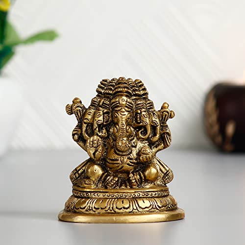 Handcrafted Golden Brass Panchmukhi Lord Ganesha Idol - Hindu God Idol for Home Decor, Puja Room - Ganesha Statue