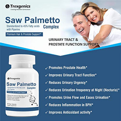 Trexgenics Saw Palmetto Advanced - High Strength 45% Complex 550 mg with Bio-enhancer Piperine - Hair DHT Blocker & Prostate Support (60 Veg Capsules)