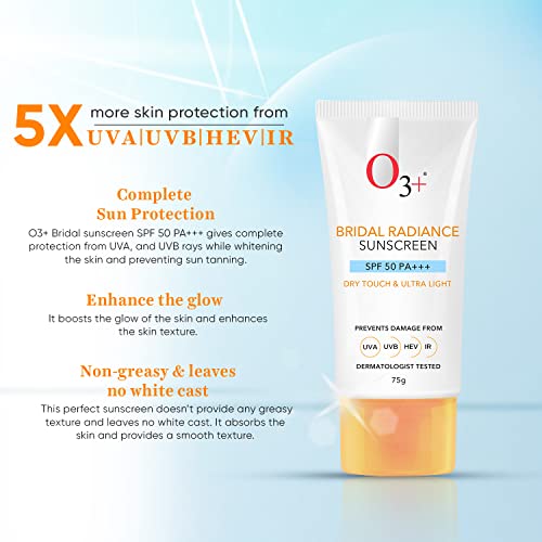 O3+ Bridal Radiance Sunscreen SPF 50 PA +++ Dry Touch & Ultra Light Non-greasy UVA | UVB | HEV | IR | Tested | 75g