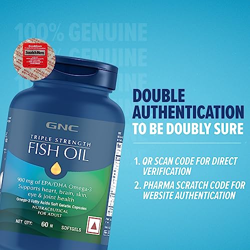 GNC Triple Strength Fish Oil Omega 3 Capsules for Men & Women | 60 Softgels | 900mg EPA & DHA | Imprtertaste | Supports Family Health | USA Formulated