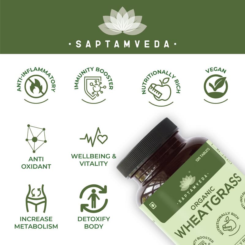 SAPTAMVEDA Organic Wheat Grass Tablets (120 Tablets, 500mg) - Natural Antioxidant Superfood, Supports Healthy Joints, Immunity Booster, Non-GMO, Vegan