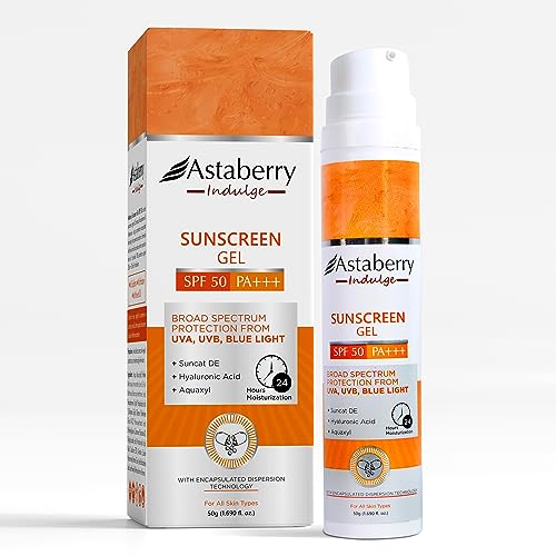 Astaberry Indulge Sunscreen Gel SPF 50 PA+++ |Broad Spectrum protection from UVA/B & Blue Light| SunE & No White Cast | Light Weight & Non Greasy- 50g