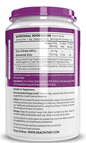 HealthyHey NutritionHealthy Hey Nutrition Zinc Citrate, Supports Immune and Immunity - 120 Veg Capsules