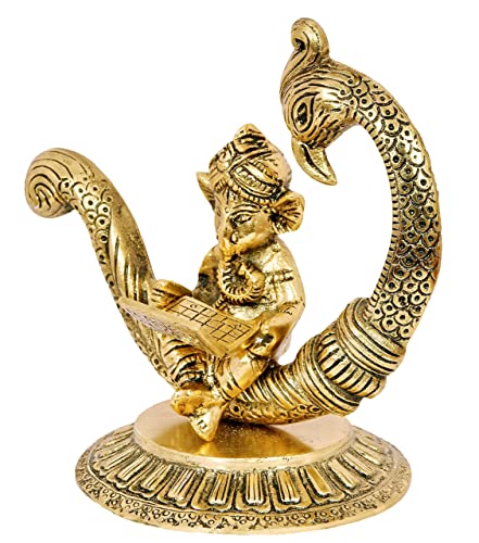 Nexplora Industries Pvt. Ltd. Metal Beautiful Ganesh Idol Ganpati Reading Ramayana, Height 16 cm, Gold Antique, 1 Piece