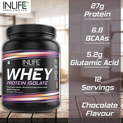 INLIFE 100% Isolate Whey Protein Powder Supplement 27 grams protein per serving (Chocolate, 400 gm)