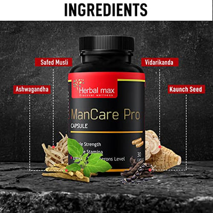 Herbal max ManCare Pro Capsule With Shilajit Ashwagandha, Vaidarikandra, Kaunch beej and Safed Musli Extract | 800mg | 30 Capsules