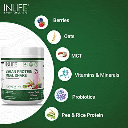 INLIFE Vegan Meal Replacement Shake for Weight Control, Plant Protein Powder (17.5 Protein), Sugar Free with Added Probiotics, 500g (Mixed Berry)