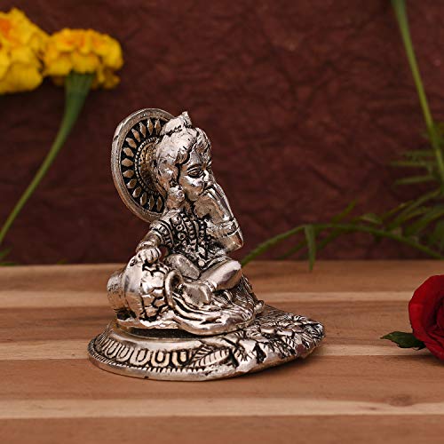 Collectible India Metal Laddu Gopal Makhan Krishna Statue Idol, 3.5x4x2 Inches, Silver