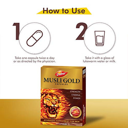 Dabur Musli Gold Capsules - 10 Capsules | 100% Ayurvedic Capsules for Strength, Stamina & Power | Ayurvedic Supplement for Men