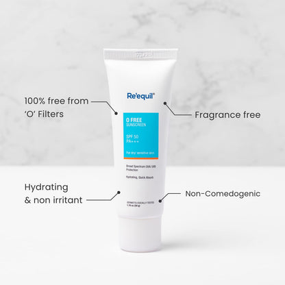 Re’equil O Free Sunscreen SPF 50 PA+++ | Broad Spectrum Sunscreen | For Dry & Sensitive Skin | 50g