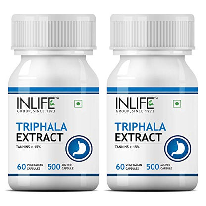 INLIFE Triphala Extract Amlaki, Haritaki and Bibhitaki, Digestion Support Supplement, 500 mg - 2x 60 Veg Capsules
