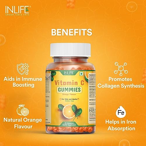 INLIFE Vitamin C Gummies for Kids Teens Men & Women, Daily Essential Supplements for Immunity Boosteir Care, Collagen Builder - 30 Gummies (Pack of 1)