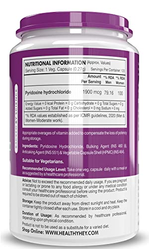HealthyHey Nutrition Vitamin B6 Pyridoxine 1900mcg - 120 Veg. Capsules