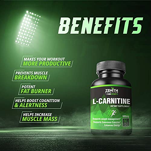 Zenith Sports L-Carnitine 500mg, 240 Capsules (60 capsules X 4 Bottles) | Dope Free | Fat Burner | Boosts Energy