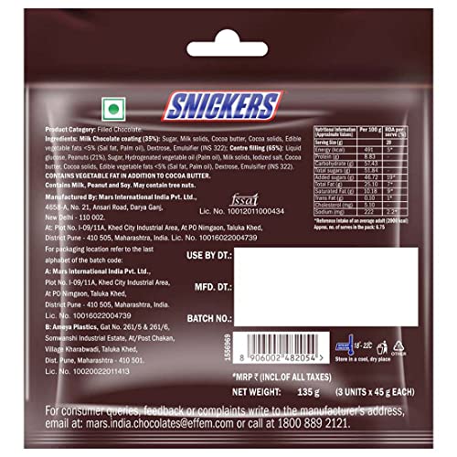 Snickers Peanut Filled Chocolate Value Pack | 3 Peanut Chocolate Bars | Loaded with Roasted Peanuts,l Delight | Imported Chocolate | 135 g | Pack of 4