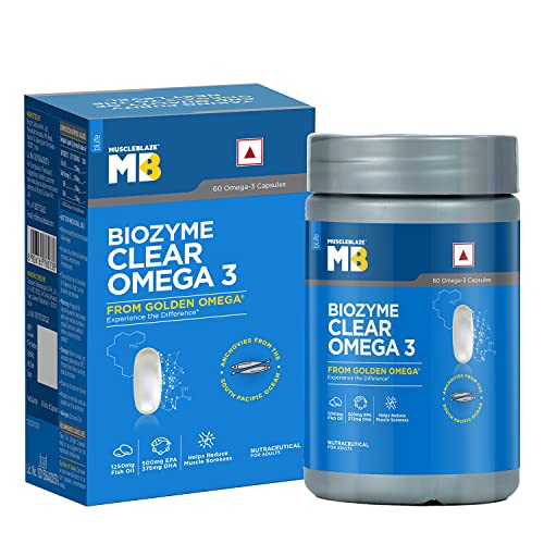 MuscleBlaze Biozyme Clear Omega 3 Fish Oil, 1250 mg Fish Oil with 500 mg EPA & 375 mg DHA, India's F Helps Reduce Muscle Soreness, 60 Omega 3 Capsules