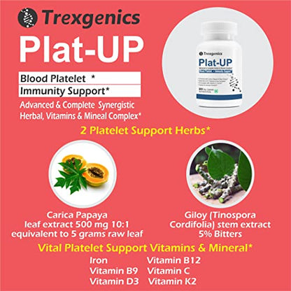 Trexgenics PLAT-UP Platelet Support, Hemoglobin, Advanced Formula VEGAN (60 Veg. Capsules) (Pack of 1)