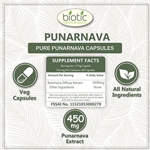 Biotic Punarnava Capsules for Kidney - Boerhaavia diffusa Extract 450mg - 60 Veg Capsules