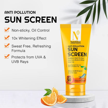 NutriGlow Advanced Organics Advanced Organics Anti Pollution Sunscreen With Alovera, Coco Butter/All Skin Types, 100 ml