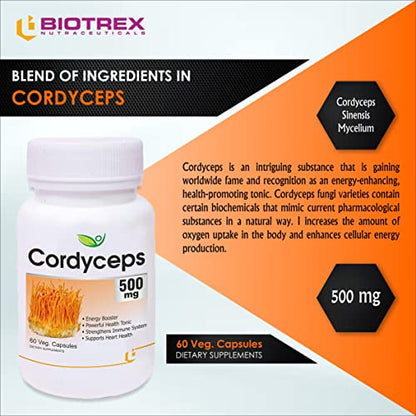 Biotrex Cordyceps 500mg - 60 Veg Capsule, Pack of 2, Dietary supplement to strengthen Immune System,amin for men, women and adults, health supplements