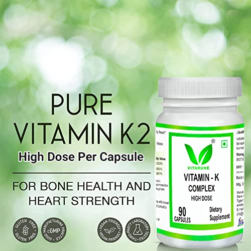 VITARUHE Vitamin K Complex, High Dose K1 + K2 Menaquinone High Strength & Vegan (MK4 +MK7), 90 Caps Bioavailability, Supplement Without Additives (2)