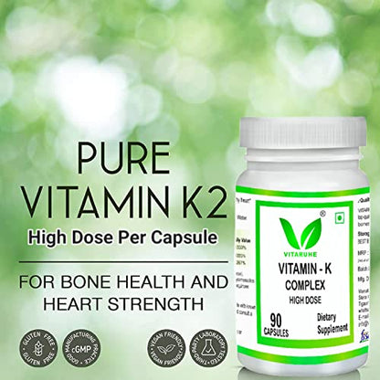 VITARUHE Vitamin K Complex, High Dose K1 + K2 Menaquinone High Strength & Vegan (MK4 +MK7), 90 Caps Bioavailability, Supplement Without Additives (2)