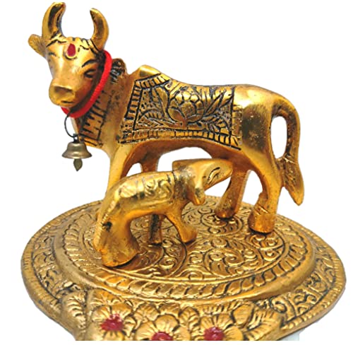 URBAN HAAT Prosper Kamdhenu Oxidised Gold Finished The Wish granting Cow and Calf Figurine Decorative Gift Item (Colour Gold) 12@11 cm