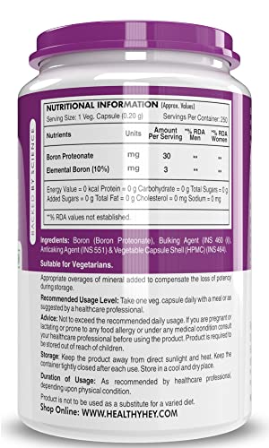 HealthyHey Nutrition Boron 3mg - Advanced Chelated - 250 Veggie Capsules - Gluten Free, Non-GMO