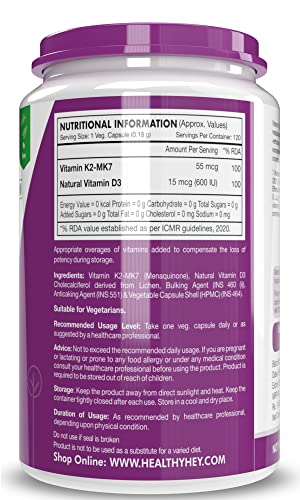 HealthyHey Nutrition Natural Vitamin K2 + Natural D3 (Vegan) - Non-GMO | Non-Synthetic 120 Veg. Capsules