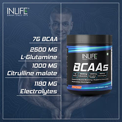 INLIFE BCAA Supplement 7g Amino Acids Instantized for Pre Post & Intra Energy Drink for Workout, 2.5g L-Glutamine (Orange, 250g)