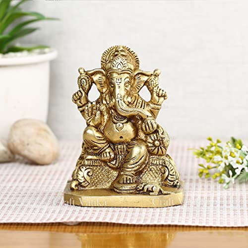 Collectible India Brass Lord Ganesh Idol, 4 Inches Height, Golden