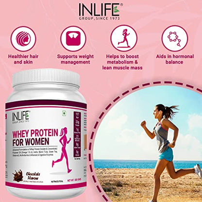 Inlife Whey Protein Powder for Women, 23g Protein, Vitamins, Omega 3, Digestive Enzymes, Hair Skin Nails, Weight Management (500g, Chocolate)